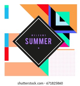 Trendy vector summer cards illustration with elements and abstract colorful textures. Design for holiday vacation poster, card, brochure, and promotion template. Fashion art print and background.
