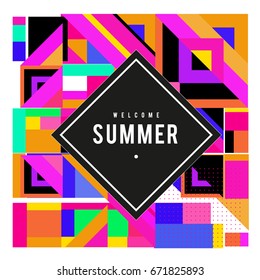 Trendy vector summer cards illustration with elements and abstract colorful textures. Design for holiday vacation poster, card, brochure, and promotion template. Fashion art print and background.