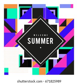 Trendy vector summer cards illustration with elements and abstract colorful textures. Design for holiday vacation poster, card, brochure, and promotion template. Fashion art print and background.