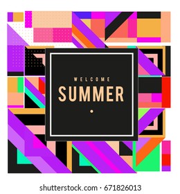 Trendy vector summer cards illustration with elements and abstract colorful textures. Design for holiday vacation poster, card, brochure, and promotion template. Fashion art print and background.