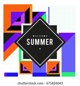 Trendy vector summer cards illustration with elements and abstract colorful textures. Design for holiday vacation poster, card, brochure, and promotion template. Fashion art print and background.
