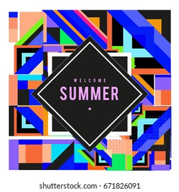 Trendy vector summer cards illustration with elements and abstract colorful textures. Design for holiday vacation poster, card, brochure, and promotion template. Fashion art print and background.