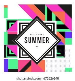 Trendy vector summer cards illustration with elements and abstract colorful textures. Design for holiday vacation poster, card, brochure, and promotion template. Fashion art print and background.