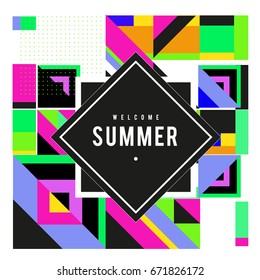 Trendy vector summer cards illustration with elements and abstract colorful textures. Design for holiday vacation poster, card, brochure, and promotion template. Fashion art print and background.
