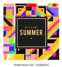 Trendy vector summer cards illustration with elements and abstract colorful textures. Design for holiday vacation poster, card, brochure, and promotion template. Fashion art print and background.