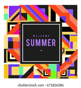 Trendy vector summer cards illustration with elements and abstract colorful textures. Design for holiday vacation poster, card, brochure, and promotion template. Fashion art print and background.