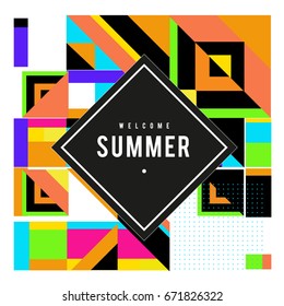 Trendy vector summer cards illustration with elements and abstract colorful textures. Design for holiday vacation poster, card, brochure, and promotion template. Fashion art print and background.