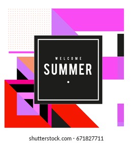 Trendy vector summer cards illustration with elements and abstract colorful textures. Design for holiday vacation poster, card, brochure, and promotion template. Fashion art print and background.