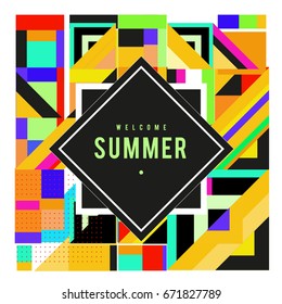 Trendy vector summer cards illustration with elements and abstract colorful textures. Design for holiday vacation poster, card, brochure, and promotion template. Fashion art print and background.