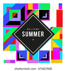 Trendy vector summer cards illustration with elements and abstract colorful textures. Design for holiday vacation poster, card, brochure, and promotion template. Fashion art print and background.