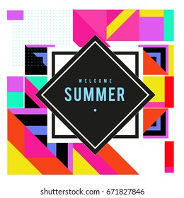 Trendy vector summer cards illustration with elements and abstract colorful textures. Design for holiday vacation poster, card, brochure, and promotion template. Fashion art print and background.