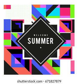 Trendy vector summer cards illustration with elements and abstract colorful textures. Design for holiday vacation poster, card, brochure, and promotion template. Fashion art print and background.