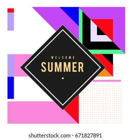 Trendy vector summer cards illustration with elements and abstract colorful textures. Design for holiday vacation poster, card, brochure, and promotion template. Fashion art print and background.