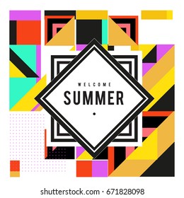 Trendy vector summer cards illustration with elements and abstract colorful textures. Design for holiday vacation poster, card, brochure, and promotion template. Fashion art print and background.