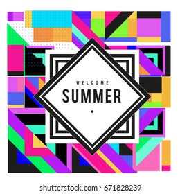 Trendy vector summer cards illustration with elements and abstract colorful textures. Design for holiday vacation poster, card, brochure, and promotion template. Fashion art print and background.