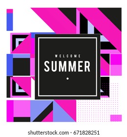 Trendy vector summer cards illustration with elements and abstract colorful textures. Design for holiday vacation poster, card, brochure, and promotion template. Fashion art print and background.