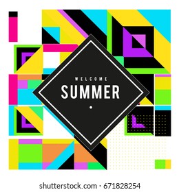 Trendy vector summer cards illustration with elements and abstract colorful textures. Design for holiday vacation poster, card, brochure, and promotion template. Fashion art print and background.