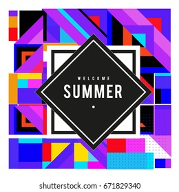 Trendy vector summer cards illustration with elements and abstract colorful textures. Design for holiday vacation poster, card, brochure, and promotion template. Fashion art print and background.