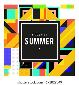 Trendy vector summer cards illustration with elements and abstract colorful textures. Design for holiday vacation poster, card, brochure, and promotion template. Fashion art print and background.