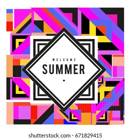 Trendy vector summer cards illustration with elements and abstract colorful textures. Design for holiday vacation poster, card, brochure, and promotion template. Fashion art print and background.