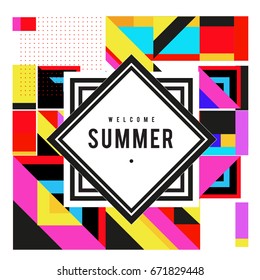 Trendy vector summer cards illustration with elements and abstract colorful textures. Design for holiday vacation poster, card, brochure, and promotion template. Fashion art print and background.