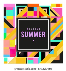 Trendy vector summer cards illustration with elements and abstract colorful textures. Design for holiday vacation poster, card, brochure, and promotion template. Fashion art print and background.
