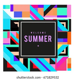 Trendy vector summer cards illustration with elements and abstract colorful textures. Design for holiday vacation poster, card, brochure, and promotion template. Fashion art print and background.