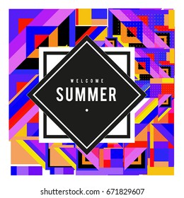 Trendy vector summer cards illustration with elements and abstract colorful textures. Design for holiday vacation poster, card, brochure, and promotion template. Fashion art print and background.