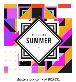 Trendy vector summer cards illustration with elements and abstract colorful textures. Design for holiday vacation poster, card, brochure, and promotion template. Fashion art print and background.