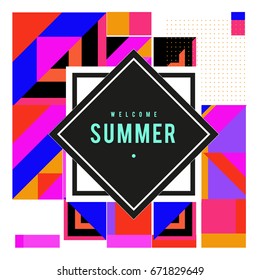 Trendy vector summer cards illustration with elements and abstract colorful textures. Design for holiday vacation poster, card, brochure, and promotion template. Fashion art print and background.