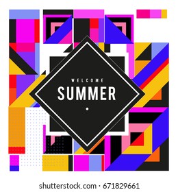 Trendy vector summer cards illustration with elements and abstract colorful textures. Design for holiday vacation poster, card, brochure, and promotion template. Fashion art print and background.