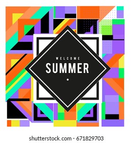Trendy vector summer cards illustration with elements and abstract colorful textures. Design for holiday vacation poster, card, brochure, and promotion template. Fashion art print and background.