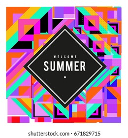 Trendy vector summer cards illustration with elements and abstract colorful textures. Design for holiday vacation poster, card, brochure, and promotion template. Fashion art print and background.