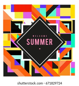 Trendy vector summer cards illustration with elements and abstract colorful textures. Design for holiday vacation poster, card, brochure, and promotion template. Fashion art print and background.