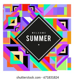 Trendy vector summer cards illustration with elements and abstract colorful textures. Design for holiday vacation poster, card, brochure, and promotion template. Fashion art print and background.