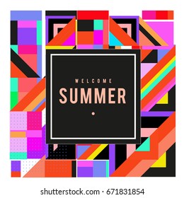 Trendy vector summer cards illustration with elements and abstract colorful textures. Design for holiday vacation poster, card, brochure, and promotion template. Fashion art print and background.