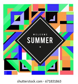 Trendy vector summer cards illustration with elements and abstract colorful textures. Design for holiday vacation poster, card, brochure, and promotion template. Fashion art print and background.