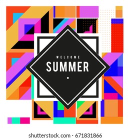 Trendy vector summer cards illustration with elements and abstract colorful textures. Design for holiday vacation poster, card, brochure, and promotion template. Fashion art print and background.