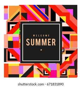 Trendy vector summer cards illustration with elements and abstract colorful textures. Design for holiday vacation poster, card, brochure, and promotion template. Fashion art print and background.