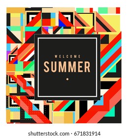 Trendy vector summer cards illustration with elements and abstract colorful textures. Design for holiday vacation poster, card, brochure, and promotion template. Fashion art print and background.