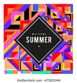 Trendy vector summer cards illustration with elements and abstract colorful textures. Design for holiday vacation poster, card, brochure, and promotion template. Fashion art print and background.