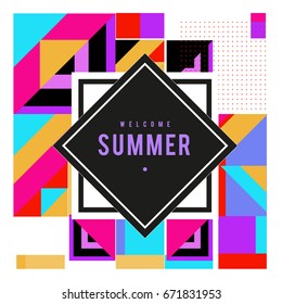 Trendy vector summer cards illustration with elements and abstract colorful textures. Design for holiday vacation poster, card, brochure, and promotion template. Fashion art print and background.