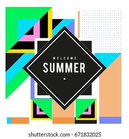 Trendy vector summer cards illustration with elements and abstract colorful textures. Design for holiday vacation poster, card, brochure, and promotion template. Fashion art print and background.