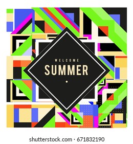 Trendy vector summer cards illustration with elements and abstract colorful textures. Design for holiday vacation poster, card, brochure, and promotion template. Fashion art print and background.