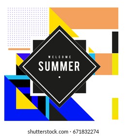 Trendy vector summer cards illustration with elements and abstract colorful textures. Design for holiday vacation poster, card, brochure, and promotion template. Fashion art print and background.