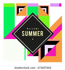 Trendy vector summer cards illustration with elements and abstract colorful textures. Design for holiday vacation poster, card, brochure, and promotion template. Fashion art print and background.
