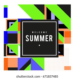 Trendy vector summer cards illustration with elements and abstract colorful textures. Design for holiday vacation poster, card, brochure, and promotion template. Fashion art print and background.