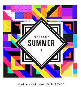 Trendy vector summer cards illustration with elements and abstract colorful textures. Design for holiday vacation poster, card, brochure, and promotion template. Fashion art print and background.