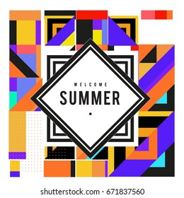 Trendy vector summer cards illustration with elements and abstract colorful textures. Design for holiday vacation poster, card, brochure, and promotion template. Fashion art print and background.