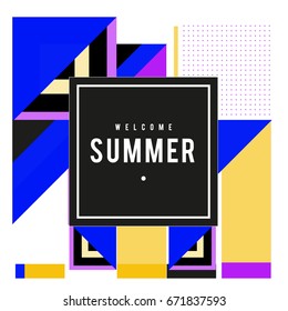 Trendy vector summer cards illustration with elements and abstract colorful textures. Design for holiday vacation poster, card, brochure, and promotion template. Fashion art print and background.